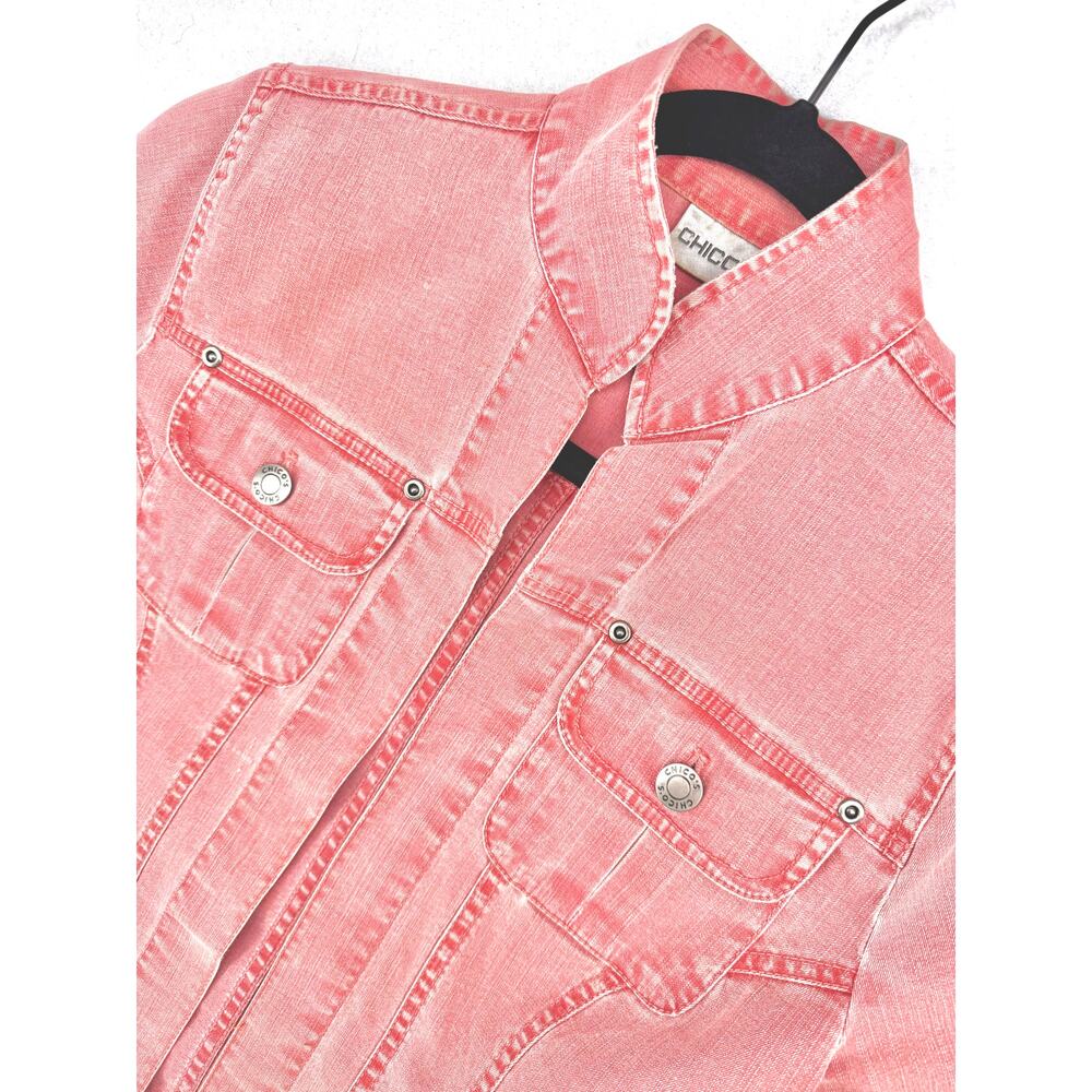 Chico's Red Coral Wash Stretch Open Front Jean Denim Trucker Jacket 0